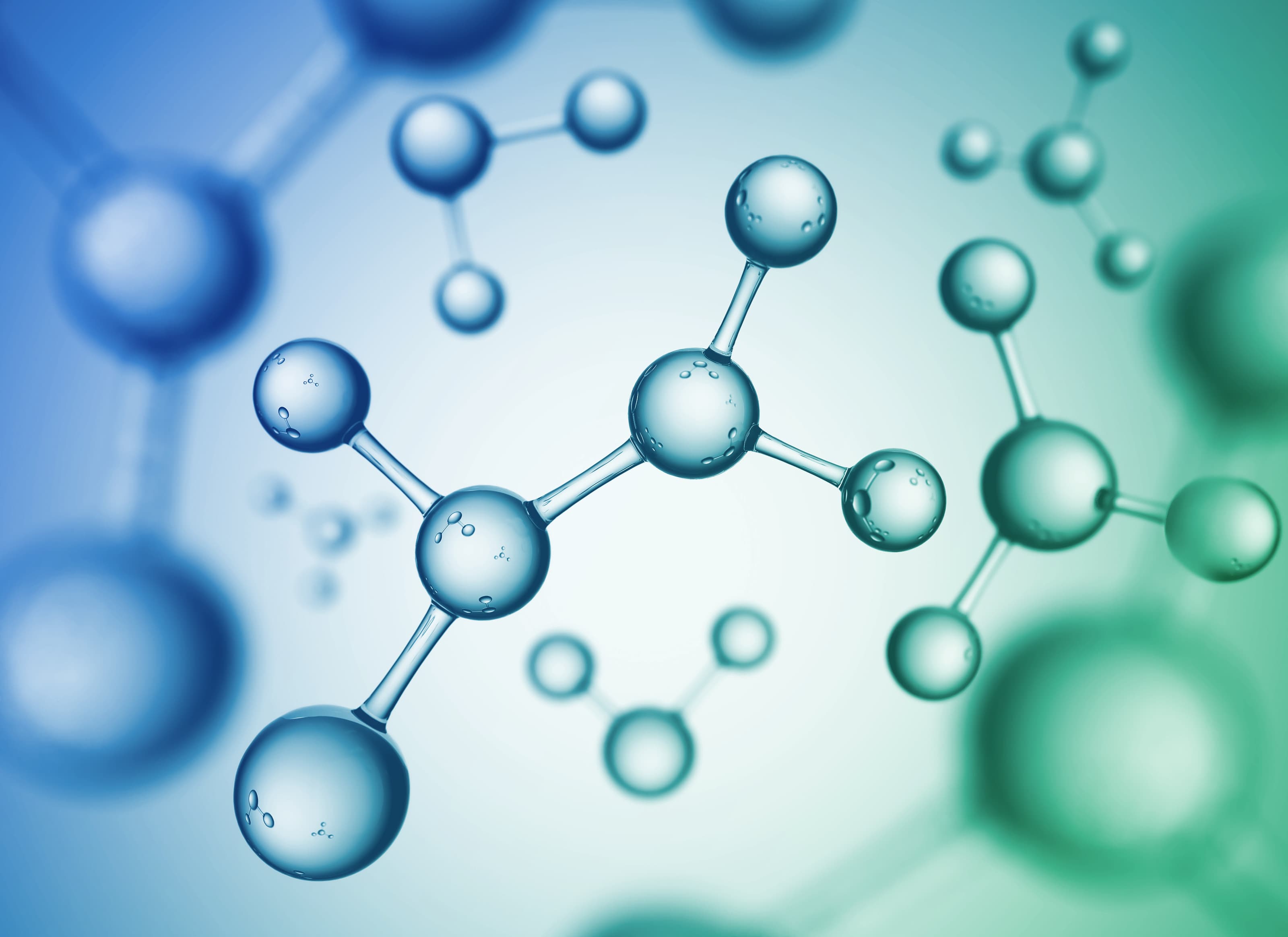 Glass-like molecular structures in blue and green tones