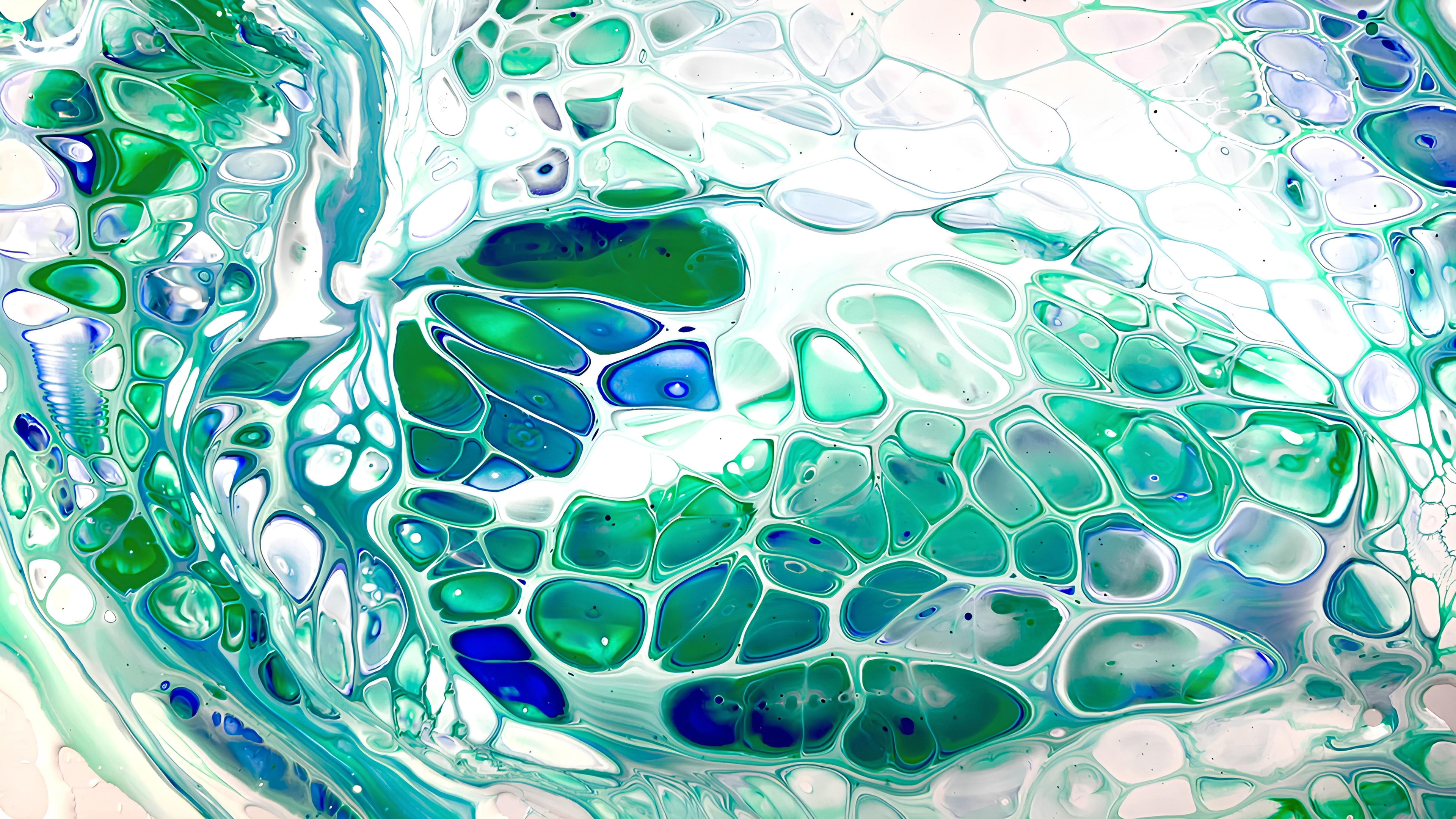 Abstract cell-like forms in teal, green and blue